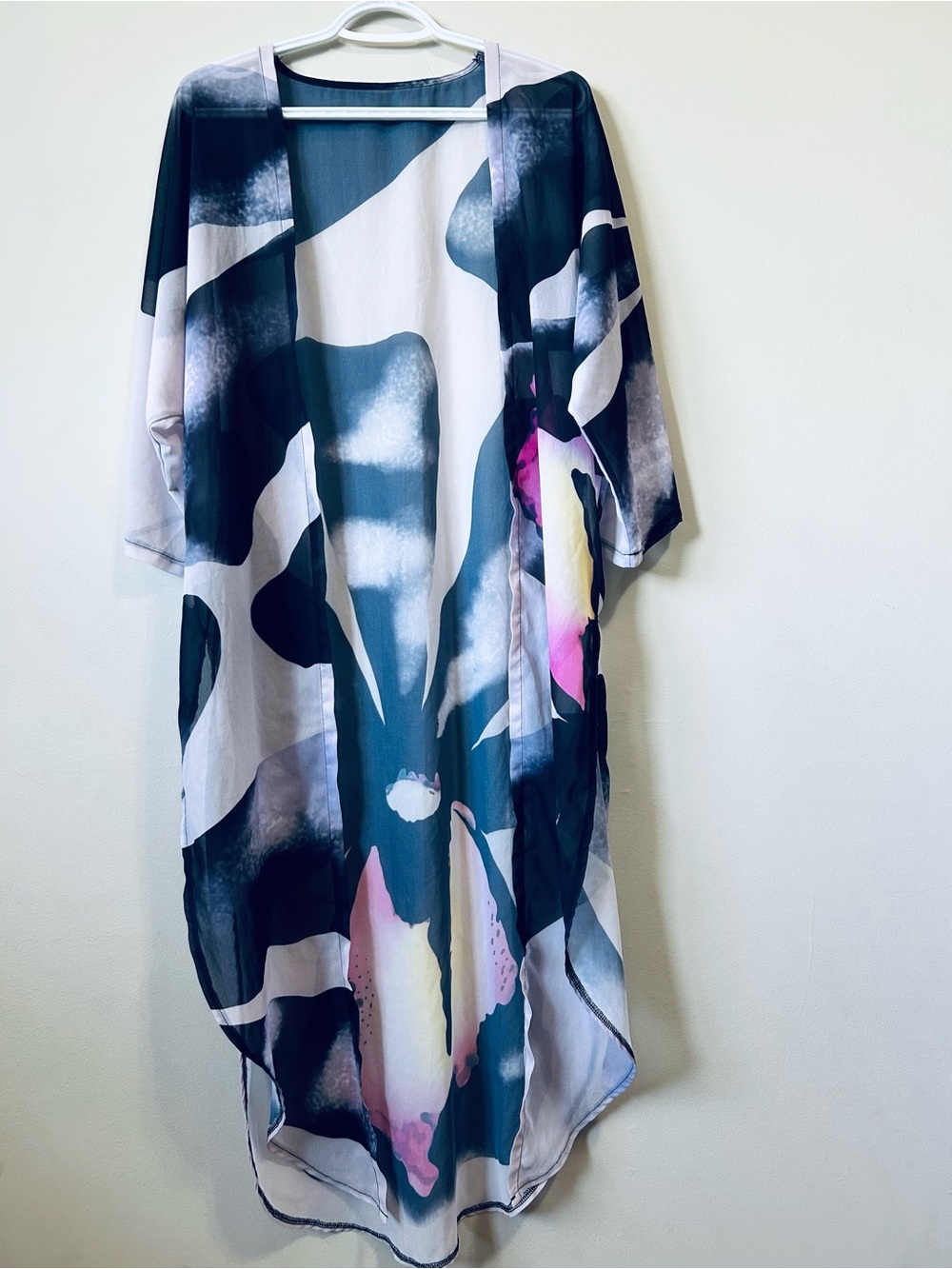 Abstract Floral Kimono Duster - Navy, White & Pink swimsuit -cover up